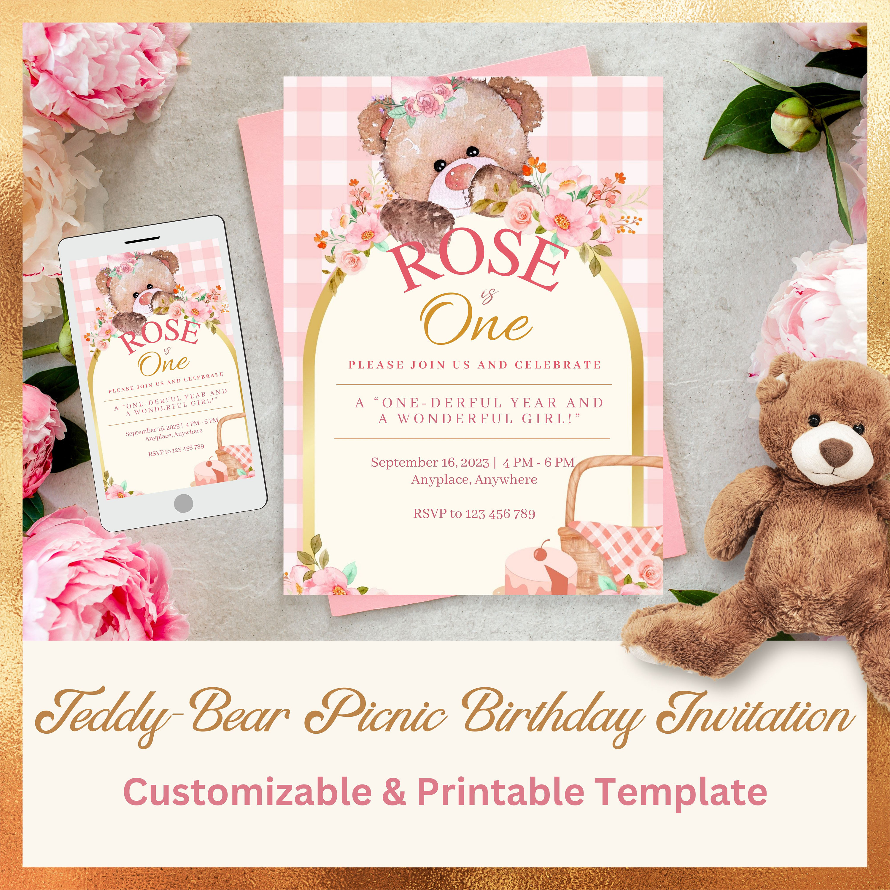 Teddy Bear Picnic Pink Birthday Baby Shower Invitation Printable