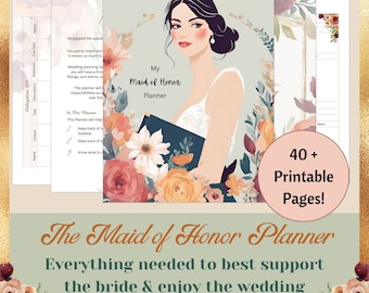 Maid of Honor Planner - Printable Digital Wedding Guide for bachelorette, bridal shower, speech, dress, bridal party, & wedding planning