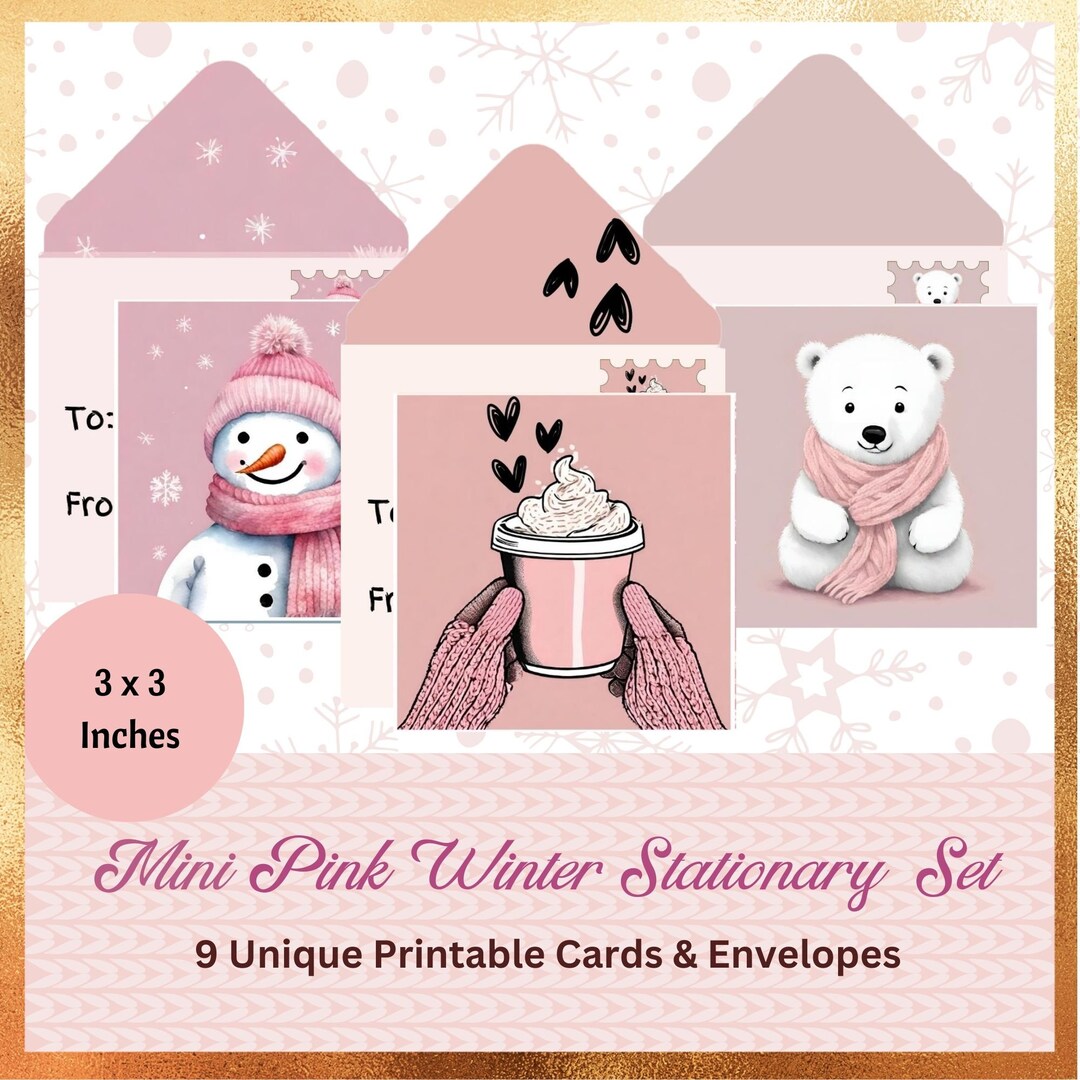 Pink Winter Mini Card and Envelope Set Printable Instant Download Cute