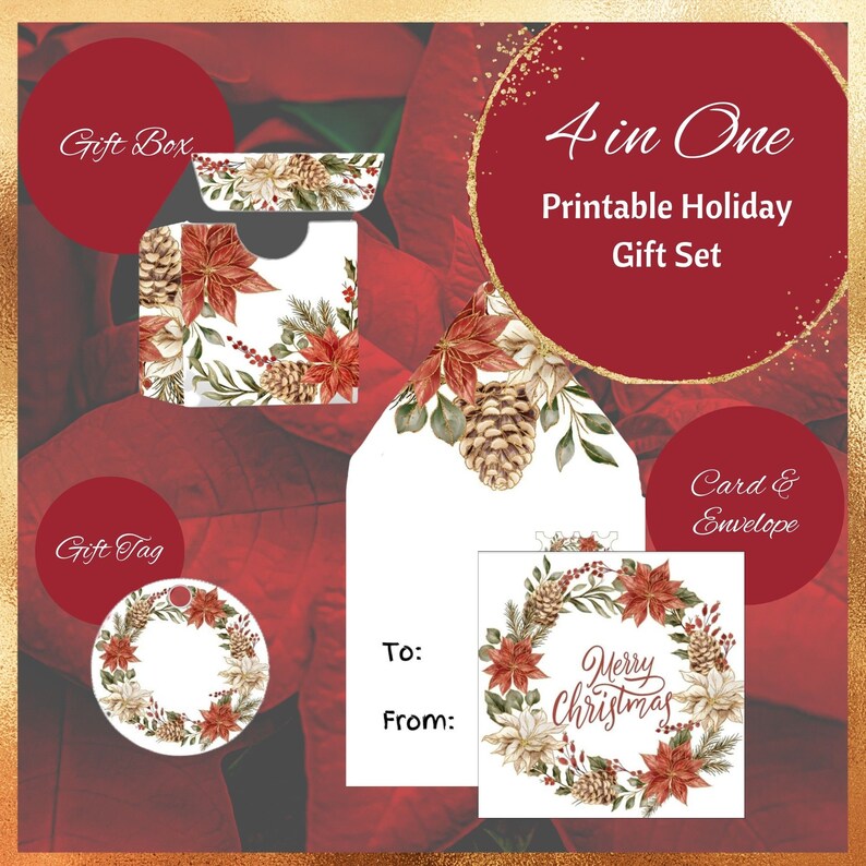 Gold Poinsettia Christmas Wine Glass Name Tag Label Etsy