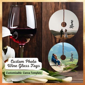 Etiquetas con nombre para copas de vino con foto / Plantilla de Canva imprimible y personalizable / Tarjeta de invitado para bodas, despedidas de soltera, graduaciones y despedidas de soltera