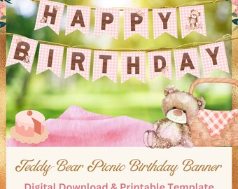 Pink Checkered, Teddy Bear Picnic Printable Birthday Party Banner, Instant Download