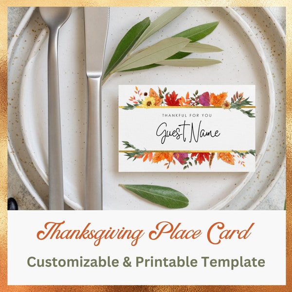 Customizable & Printable Thanksgiving Place Cards - Personalized Elegant Fall Halloween Table Decor Digital Download