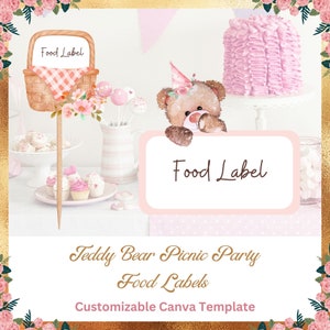 Étiquettes d'aliments pour pique-nique ours en peluche | Modèle de toile imprimable personnalisable | Fête prénatale d'anniversaire vichy rose