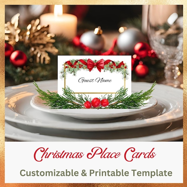 Christmas Bow Place Cards | Customizable Printable Canva Template | Holiday Dinner Guest Name Food Tag Folding Tent Card