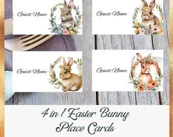 Floral Easter Bunny Place Cards | Customizable Printable Canva Template | Easter Spring Brunch Dinner Guest Name Food Tag Folding Tent Card