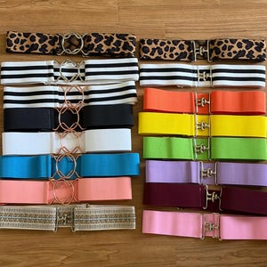Könnte beinhalten: Eine Sammlung elastischer Gürtel in verschiedenen Farben und Mustern. Die Gürtel umfassen Leopardenmuster, schwarz-weiße Streifen und unifarbene Designs wie Orange, Gelb und Rosa. Jeder Gürtel hat eine dekorative Schnalle. Die Gürtel sind ca. 3 cm breit.