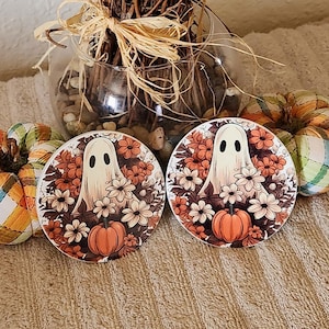 Spooky Ghost Floral Coaster,Fall Floral Ghost Coaster,Spooky Season Coasters,Ceramic Coasters,Fall Coffee Table Decor, Thanksgiving Coasters