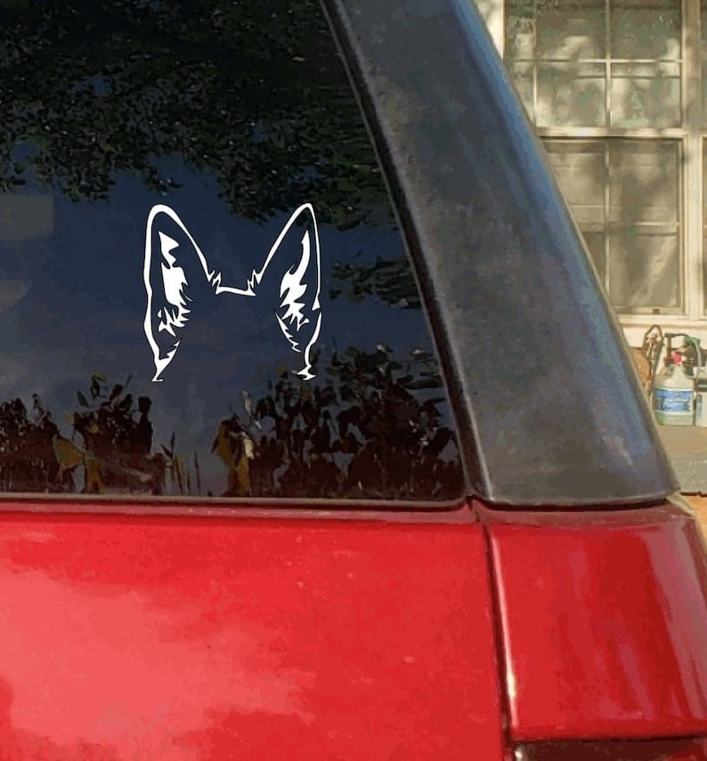 May include: White vinyl decal of a dog's ears and head, affixed to a car window. The decal is a silhouette, showing the outline of the ears and the top of the head. The car is red.