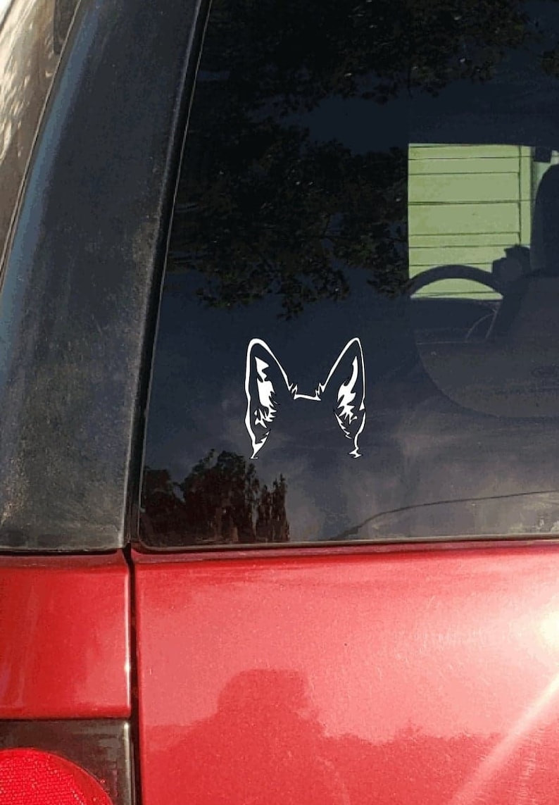 May include: White vinyl decal of a dog's ears, applied to a car window. The decal is a silhouette of the ears, with detailed inner ear markings. The car is red with a black trim.