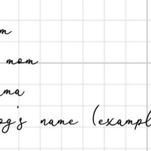May include: A handwritten list on a grid background. The list includes phrases like "dog mom," "rescue mom," and "fur mama." The last item on the list is "your dog's name (example gracie)." The text is in black cursive.