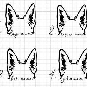 May include: Four black and white graphics of dog ears with text. The text includes "dog mom", "rescue mom", "fur mama", and "Gracie". The graphics are on a white grid background.