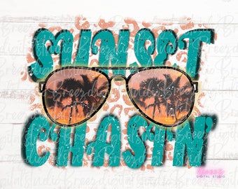 Sunset Chasing png, retro summer sublimation design, ocean waves png, beach sublimation design, sunglasses and palm trees clipart