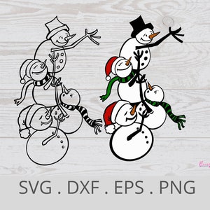 May include: A black and white illustration of a stack of six snowmen, with the top snowman throwing a snowball. The snowmen are wearing hats and scarves.