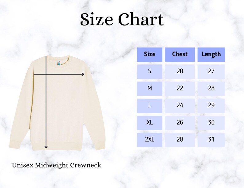 May include: Cream-colored unisex midweight crewneck sweatshirt with a size chart. The chart shows chest and length measurements for sizes S to 2XL. The size chart is in inches.