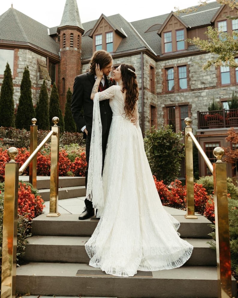 Celtic Wedding Dress With Long Sleeves – Ethereal Fantasy Bridal Gown Celtic Wedding Dress With Long Sleeves – Ethereal Fantasy Bridal Gown