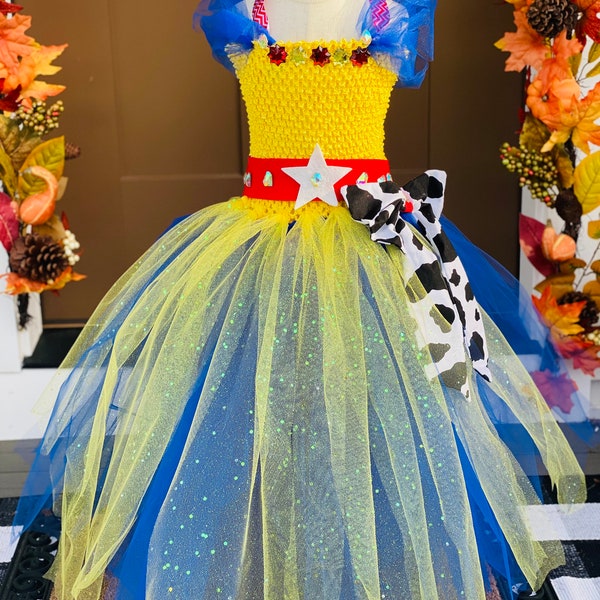 Toy story Jessie inspired tutu dress, Jessie costume, blue and yellow dress, cow print dress