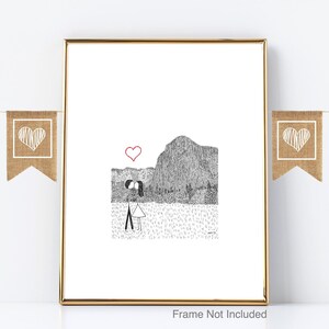 Canoodle Doodles No. 79 - El Capitan Yosemite Valley // UNFRAMED Art Print // Valentine Engagement Wedding Anniversary gift for him or her