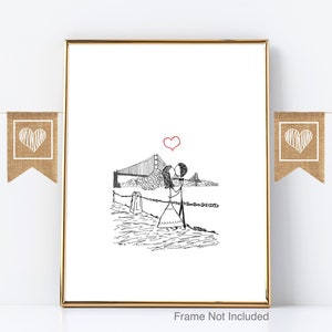 Canoodle Doodles No. 24 - Bride & Groom at Golden Gate Bridge // UNFRAMED Art Print // Romantic Wedding Day, Anniversary gift for Him or Her