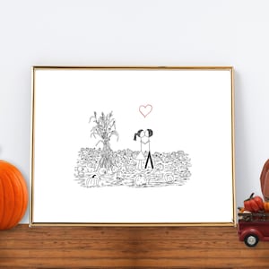 Canoodle Doodles No. 53 Art Print: Kissing Stick Figure Couple, Pumpkin Patch (unframed)