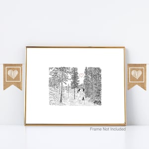 Canoodle Doodles No. 47 - Forest Hike // UNFRAMED Art Print // Romantic Engagement, Wedding, Anniversary, Valentine gift for Him or Her