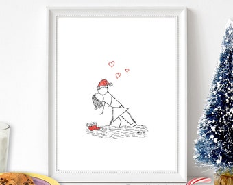 Canoodle Doodles No. 2 - Christmas Kiss / UNFRAMED Art Print / Christmas Engagement Anniversary 1st Christmas Together gift for Him or Her