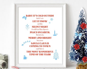 Ode To Christmas Songs Holiday Art / UNFRAMED Print / Baby It's Cold Outside, Merry & Bright, The Most Wonderful Time Of The Year