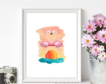 Flamingos In Love Flamingo Couple At Sunset  // UNFRAMED Art Print // Romantic Beach Anniversary Birthday gift for Him or Her