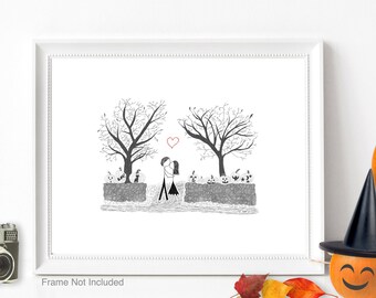 Canoodle Doodles No. 104 - Halloween Night Kiss / UNFRAMED Art Print // Gift for Halloween Anniversary Engagement 1st Halloween Together