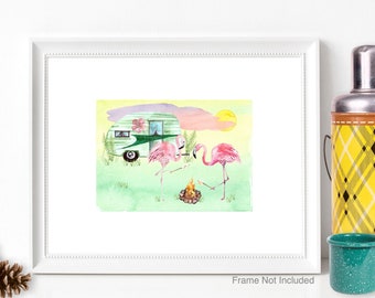 Flamingos Toasting Marshmallows  // UNFRAMED Art Print // / Camping Campfire Adventure Anniversary Birthday gift for Him or Her