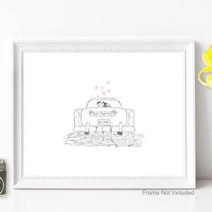 Canoodle Doodles No. 3 - Wedding Getaway Car / Love 4 Ever License Plate // UNFRAMED Art Print // Just married for newlyweds or anniversary