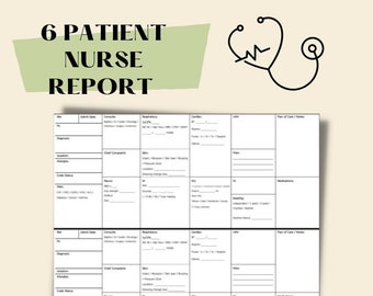 May include: A black and white printable 6 Patient Nurse Report form. The form includes sections for patient information, vital signs, chief complaints, skin, respiratory, cardiac, labs, mobility, medications, and plan of care notes.