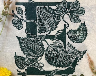 Letter E Tree Alphabet Series Lino Print - Elm