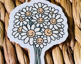 Pegatina holográfica de ramo de margaritas, flores sonrientes