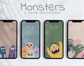 Monsters Phone Wallpaper, Colorful Smartphone Wallpaper Set, Color Palette Illustration, Lock Screen  | Instant Download