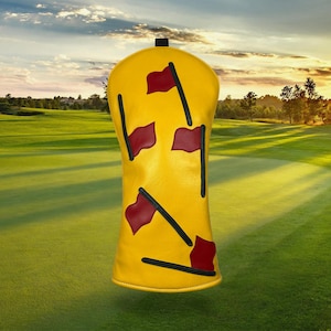 Driver Headcover | Augusta Inspired Golf Head Cover | Yellow with Red Flags | Premium Faux Leather | Gift for Golfers | Handmade Golf Gift