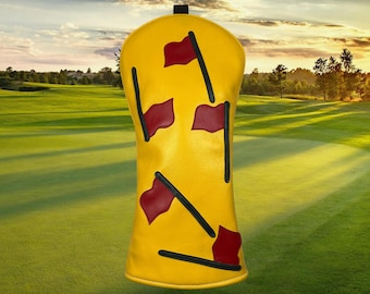 Golf Flag Driver Cover | Yellow Faux Leather Golf Headcover | Funny Golf Gift for Dad | Golf Gift for Men | Tournament Golf Gift