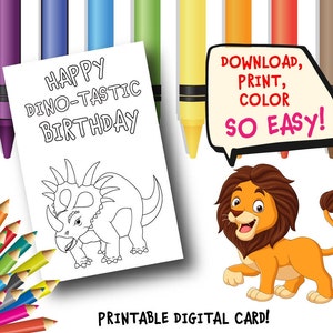 Printable Happy Birthday Card, DINO-TASTIC Birthday Printable Card, Birthday Card for Kids, Color Your Own Card