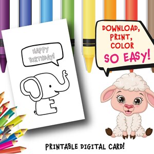Printable HAPPY BIRTHDAY Card, Printable Card Elephant, Birthday Card for Kids, Color Your Own Card, Instant Download Cards