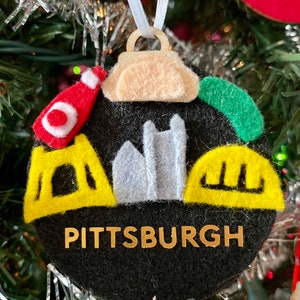 Pittsburgh Ornament, Handmade felt, Pittsburgh Skyline, Heinz Ketchup, Pickle Ornament, Pierogi, Pittsburgh Gift, Christmas