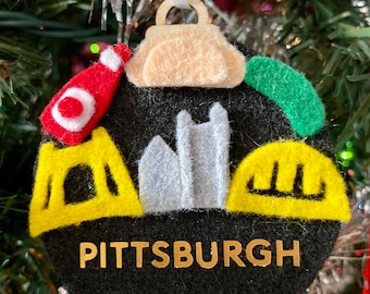 Handmade Pittsburgh Ornament: Felt Skyline, Pierogi, Ketchup