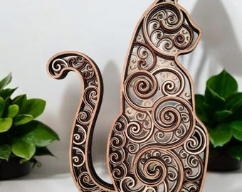 Multi Layered Wood Cat Art: Swirl Design Wall Decor