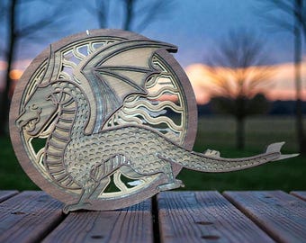 Multilayer wood art: Fire Breather Dragon, Mythical Decor