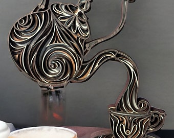 Multilayer Wood Art: Pouring Tea Kettle Wall Decor