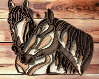 Multilayer Wood Art: Horse Twins Wall Decor