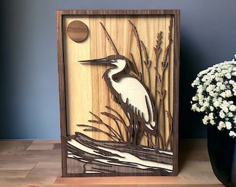 Multilayer Heron Wood Wall Art: Nature Home Decor