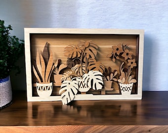 Multilayer Wood ArtL Potted Plants, Wall Hanging, Wall Sign, Nature Art