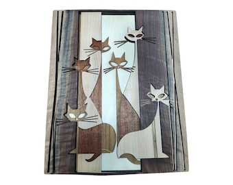 Abstract Cat Family Wood Wall Hanging: Multilayer Siamese Cat Decor