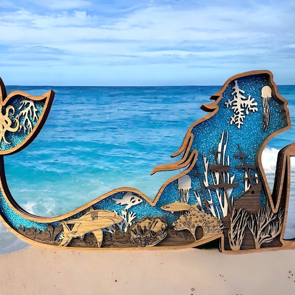 3D Layered Mermaid Wood Art: Coastal Home Decor (18Lx10H)