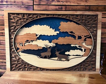 Multilayer Wood Art: Deer at Night Wood Wall Decor, Wall Art, Sign, Wall Hanging, Home Decor, Nature Art, Wildlife Decor